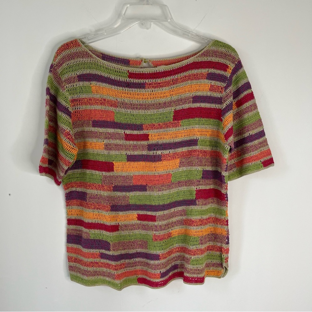 Vintage Y2K J. Jill Multi color Hand Crochet Sweater Top - Linen/Cotton Blend